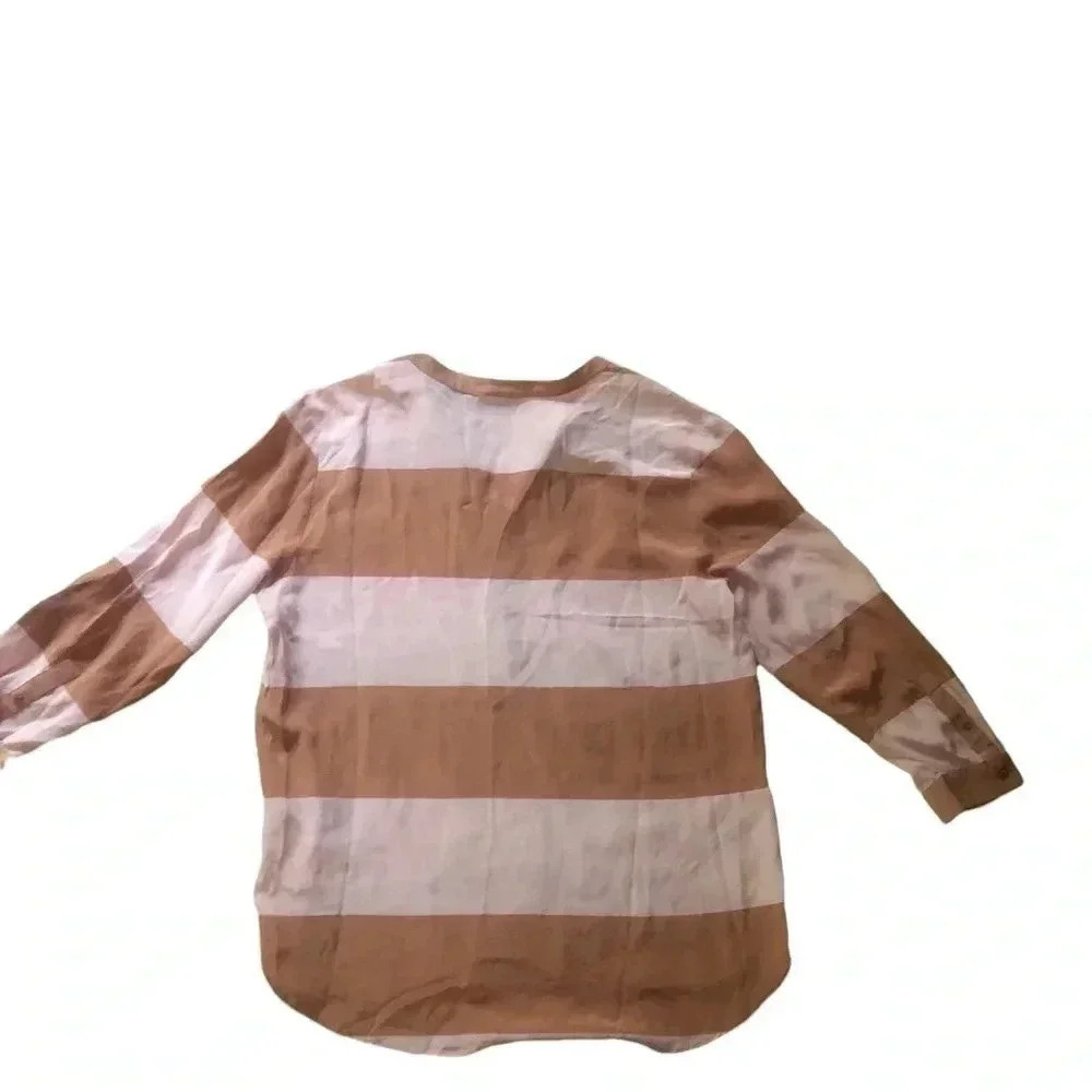 Fossil neutral striped Crew Neck silk  Blouse classic preppy timeless Old Money - Picture 8 of 15